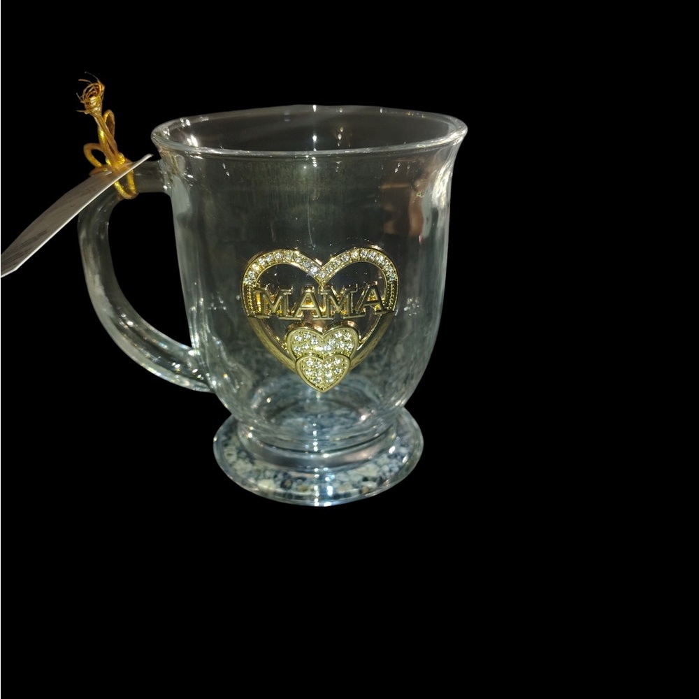 Clear Glass 'Mama' Accent Mug with Gold Heart rhinestone Emblem nwt